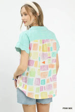 Umgee mixed media pastel geometric blouse with mint green striped sleeves and button front collar top