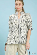 Umgee mixed print button front top off-white blouse with black floral print ruffled sleeves and striped placket