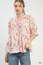 Umgee mixed print button front top soft blush pink blouse with delicate floral mixed print and ruffled sleeves