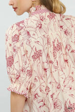 Umgee mixed print button front top cream blouse with detailed red floral pattern and striped cuffs