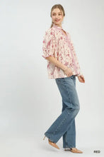 Umgee mixed print button front top pink and white floral print blouse with ruffled sleeves and striped collar