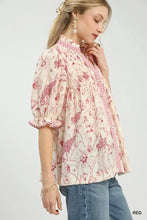 Umgee mixed print button front top cream blouse with delicate red floral pattern and puffed sleeves with striped trim