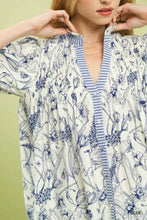 Umgee mixed print button off-white blouse with delicate blue floral print and navy white striped collar