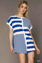Umgee mixed striped short sleeve romper in blue crisp white stripes