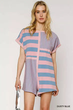 Umgee mixed striped short sleeve romper in dusty blue pink patchwork