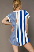 Back view of Umgee mixed striped short sleeve romper in blue and crisp white stripes for warm weather
