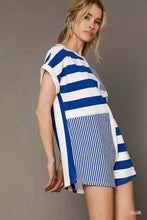 Umgee mixed striped short sleeve romper in blue white stripes for warm weather