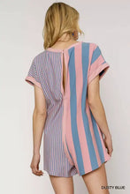 Umgee mixed striped short sleeve romper in dusty blue and pink with back slit