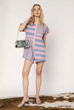 Umgee mixed striped short sleeve romper in dusty blue pink patchwork