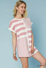 Umgee mixed striped short sleeve romper in pink white patchwork
