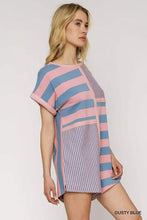Umgee mixed striped short sleeve romper in pink blue patchwork tunic