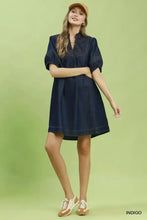 Navy blue denim mini dress with umgee notched puff short sleeves and gathered bodice embroidery pockets