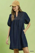 Indigo denim umgee notched puff mini dress with puff sleeves embroidered neckline and functional pockets