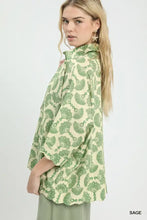 Umgee printed button down shirt with off-white fabric green fan pattern high collar and ruffled sleeves for women