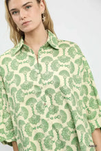 Umgee printed button down shirt in soft cream with green fan-shaped pattern for casual or office wear