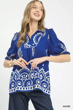 Umgee blue blouse with white paisley and mandala printed puff sleeve split neck and puffy sleeves for stylish wear