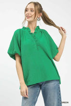 Vibrant green textured Umgee blouse with ruffle neck tunic design and short puff sleeves for stylish wear