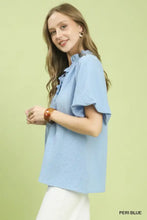 Umgee peri blue textured blouse with ruffle neck tunic design and short flutter sleeves in lightweight fabric