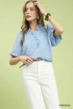 Peri blue textured Umgee blouse with ruffle neck tunic design and puff sleeves for elegant casual wear