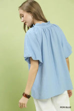 Peri blue umgee puff sleeve blouse with ruffle neck tunic and textured fabric for stylish casual wear