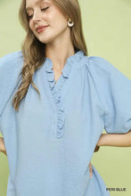 Peri blue textured cotton Umgee ruffle neck tunic blouse with puff sleeves and ruffled neckline