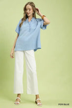 Peri blue textured blouse with short puff sleeves and ruffled neckline featuring a stylish ruffle neck tunic design