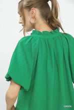 Umgee puff sleeve ruffle neck tunic blouse in vibrant emerald green textured fabric with short puffed sleeves