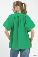 Vibrant green textured blouse with ruffle neck and short puff sleeves from umgee ruffle neck tunic collection