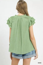 Sage-colored umgee ruffled flutter sleeve textured blouse with gathered neckline and subtle vertical pleats