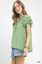 Sage green Umgee ruffled flutter sleeve textured blouse with lightweight fabric and short sleeves
