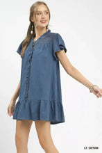 Umgee ruffled washed denim dress in light blue with ruffled sleeves and a tiered hem in washed denim fabric