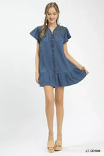 Umgee ruffled washed denim dress in light blue with short sleeves and ruffled detailing along neckline and hem
