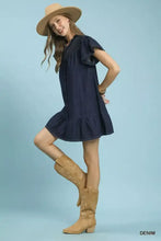 Navy blue umgee ruffled washed denim dress featuring ruffled sleeves and hemline in washed denim fabric