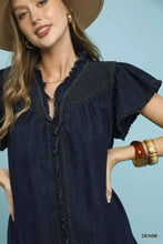 Umgee ruffled washed denim dress with ruffled neckline and short flutter sleeves in classic blue washed denim