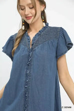 Umgee ruffled washed denim dress in soft blue featuring ruffled sleeves and a smocked neckline denim dress