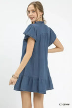 Umgee ruffled washed denim dress featuring light denim fabric with ruffled sleeves and a tiered hem design