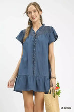Umgee ruffled washed denim dress featuring blue denim fabric with ruffled sleeves and a tiered hem design