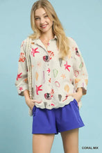 Beige umgee button-down top with playful coral mix starfish print and seashells on lightweight fabric