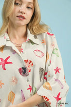 Umgee seashell and starfish print button-down top in coral mix with colorful starfish print on light beige fabric