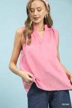 Umgee sleeveless pink top with a textured notch neck v-neckline and gathered fabric at the collar