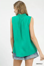 Emerald sleeveless textured notch neck blouse by umgee with high smocked neckline and soft flowing fabric
