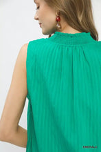 Emerald sleeveless textured notch neck top by umgee with high smocked neckline and vertical pleats