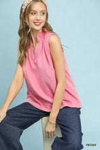 Umgee pink sleeveless textured notch neck top with gathered neckline and soft flowing fabric for casual wear