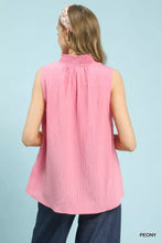 Umgee soft pink sleeveless textured notch neck top with smocked high neckline and subtle vertical pleats