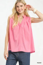 Umgee pink sleeveless top with pleated split neck and subtle vertical texture in textured gauze fabric