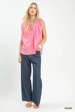 Umgee sleeveless pink blouse with flowing ruched split neck made from textured gauze fabric for lightweight comfort