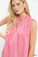 Umgee sleeveless textured gauze top in soft pink with ruffled split neck and subtle vertical pleats