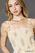 Umgee smocked bodice top in cream with floral straps on jumpsuit