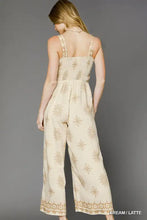Umgee smocked printed wide-leg jumpsuit in cream with gold floral embroidery