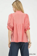 Coral pink umgee smocked yoke blouse with puffed ruffle sleeves and smocked yoke detailing